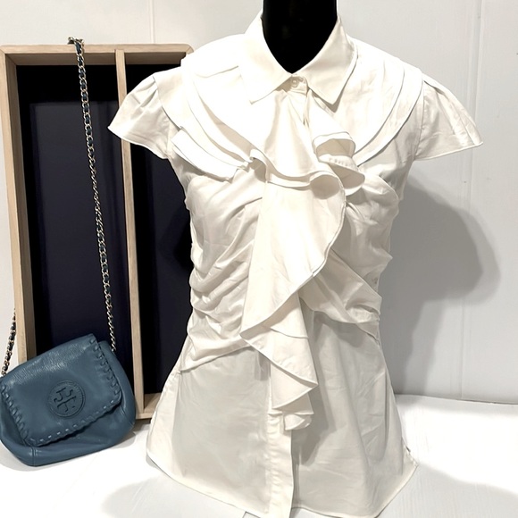 Adrienne Vittadini Studio White Cap sleeve Ruffle button up Top / Blouse size 4 - Picture 1 of 13